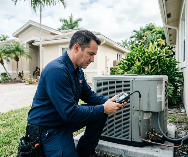 Rocket HVACR technician arriving promptly at a Key Biscayne residence for same-day AC service on a sunny afternoon