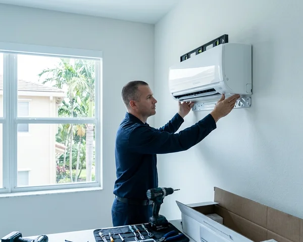 Rocket HVACR technician performing a thorough AC maintenance inspection on a residential system at a Doral home, checking coils and electrical components