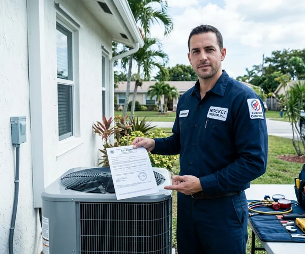 Rocket HVACR contractor in branded uniform presenting a permit document beside an installed HVAC unit at a Miami-Dade residential property, professional and confident