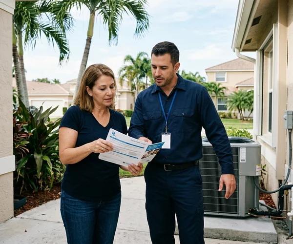 Rocket HVACR technician arriving at a Miami Beach hotel at night for emergency AC repair, service vehicle parked outside a lit building