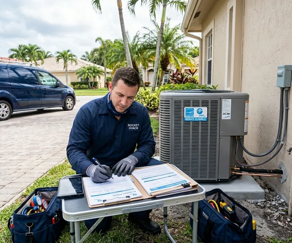Rocket HVACR technician arriving urgently at a Key Biscayne oceanfront condo building for emergency AC repair service