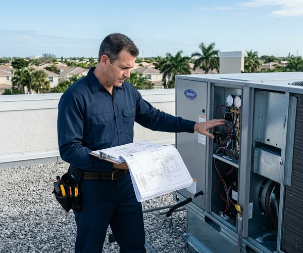 Rocket HVACR technician in uniform inspecting HVAC equipment in the mechanical room of a Brickell high-rise building with the Miami city skyline visible through the windows