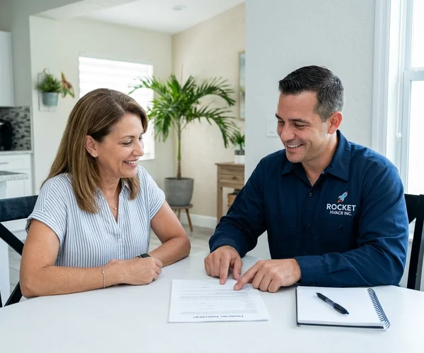 Rocket HVACR technician performing AC maintenance on a condenser unit surrounded by mature tropical landscaping at a Coral Gables estate home