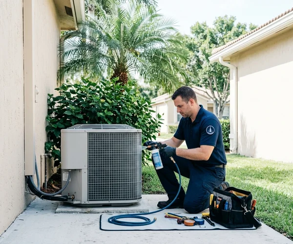 Rocket HVACR licensed HVAC contractor reviewing plans outside a Key Biscayne luxury condominium building