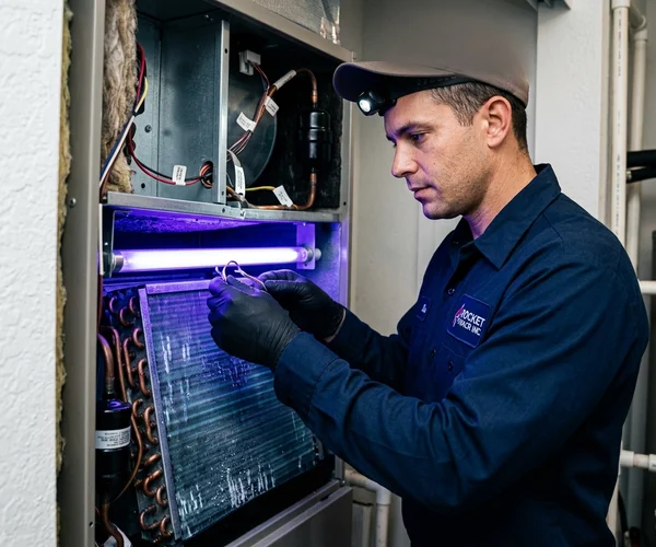 Rocket HVACR technician installing a new Carrier AC condenser unit in the side yard of a Miami home, level and properly positioned, professional setup