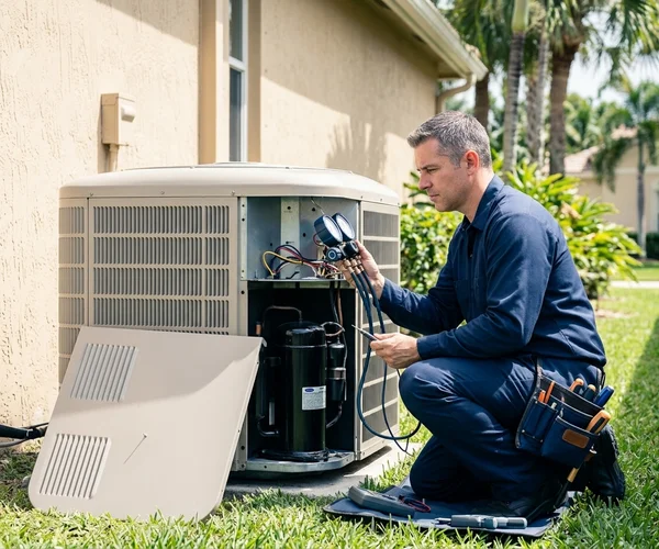 Rocket HVACR technician diagnosing an AC condenser unit on a Key Biscayne oceanfront condo balcony with Atlantic Ocean in background