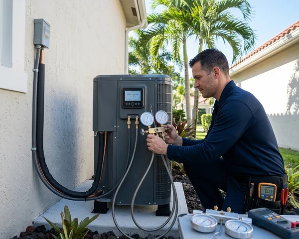 Rocket HVACR technician performing preventive AC maintenance at a Hialeah home, cleaning condenser coils and checking system components with professional tools