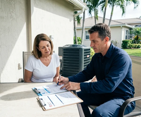Rocket HVACR technician arriving for emergency AC repair at a Coral Gables home at night