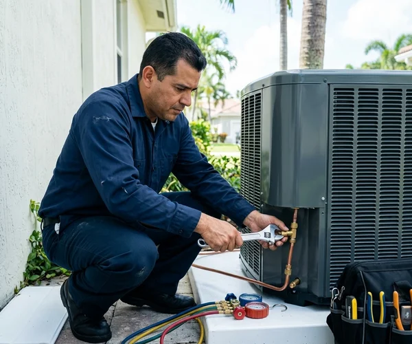 Rocket HVACR technician replacing an outdoor AC condenser at a Kendall suburban family home with a quiet residential neighborhood street visible in the background