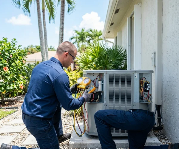 Rocket HVACR technician installing a ductless mini-split indoor unit in a modern Key Biscayne condominium interior with ocean view