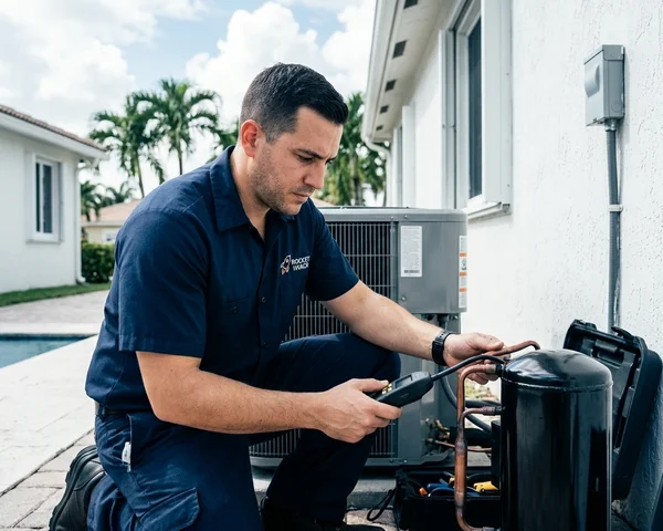 Rocket HVACR technician running diagnostics on a central AC unit outside a large ranch-style home in Kendall, FL