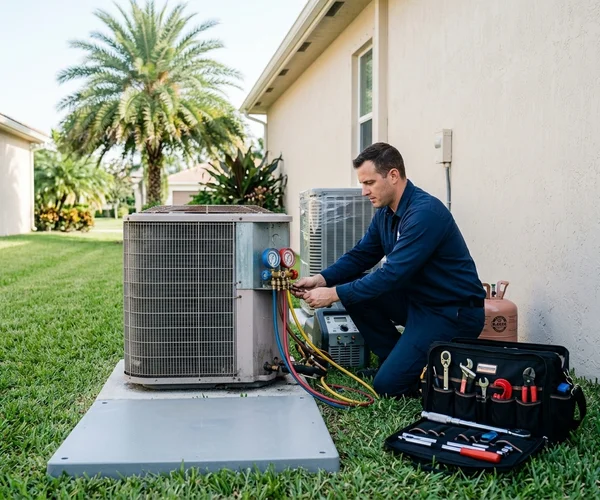 Rocket HVACR technician performing scheduled AC maintenance on a split system in a Brickell residential unit, checking refrigerant levels and cleaning coils, professional uniform