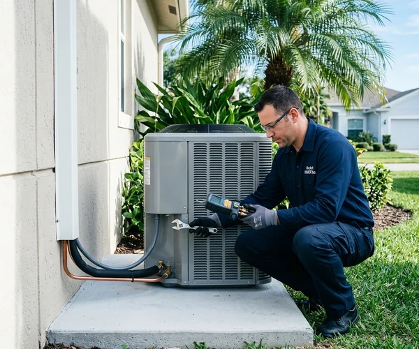 Rocket HVACR technician in uniform using manifold gauges to diagnose an air conditioning system in a Brickell high-rise mechanical room, professional and precise
