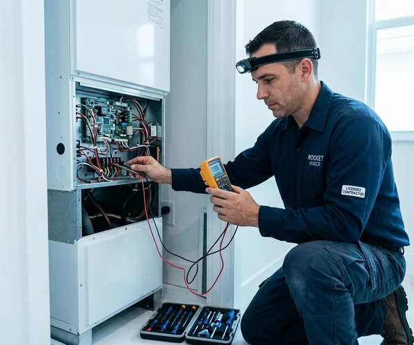 Rocket HVACR technician diagnosing an AC system on the rooftop of a Miami Beach condo building with the Atlantic Ocean visible in the background