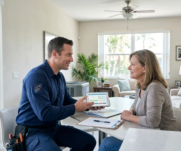 Friendly Rocket HVACR representative talking with a Miami homeowner about HVAC payment options, approachable and non-judgmental tone, comfortable home setting
