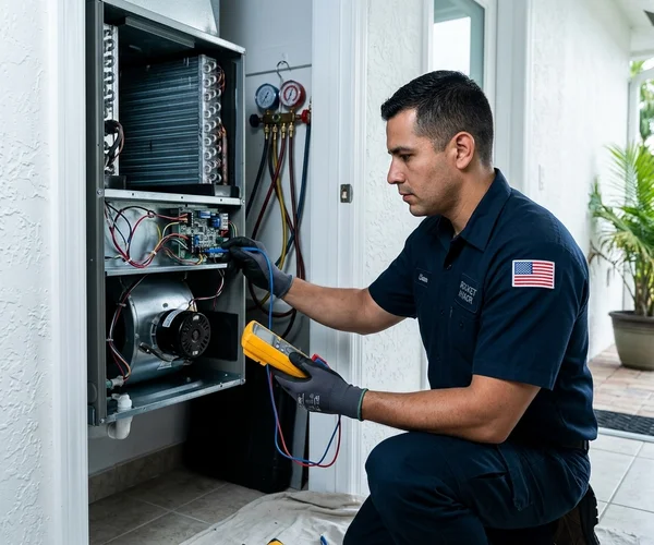 Rocket HVACR technician inspecting an AC condenser unit with diagnostic gauges during a seasonal tune-up visit at a Coral Gables home