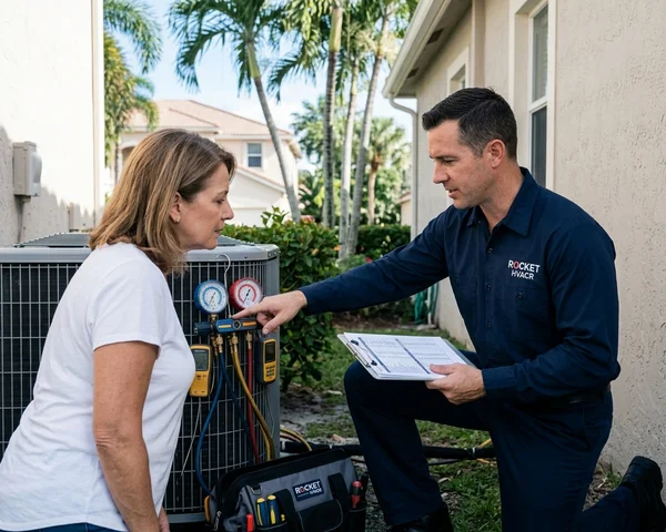 Rocket HVACR technician performing an AC tune-up service at a Cutler Bay home