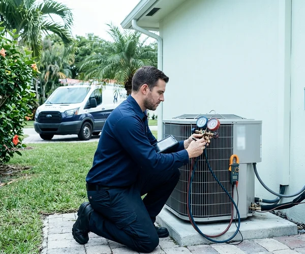 Rocket HVACR technicians installing a new corrosion-resistant AC system at a Key Biscayne oceanfront condominium
