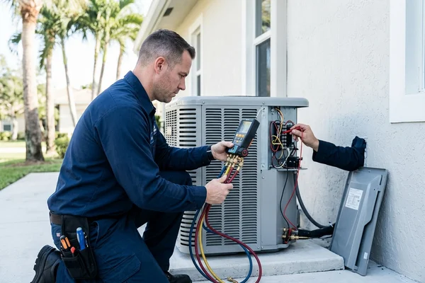 Rocket HVACR technician inspecting a rooftop HVAC package unit on a Miami Beach commercial building, Ocean Drive visible below with Art Deco architecture
