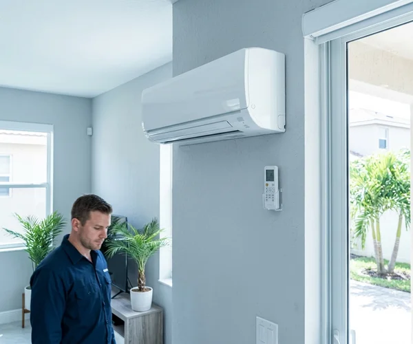 Rocket HVACR technician arriving at a Doral business park at night for an emergency AC repair call, service van parked, commercial building lit in background