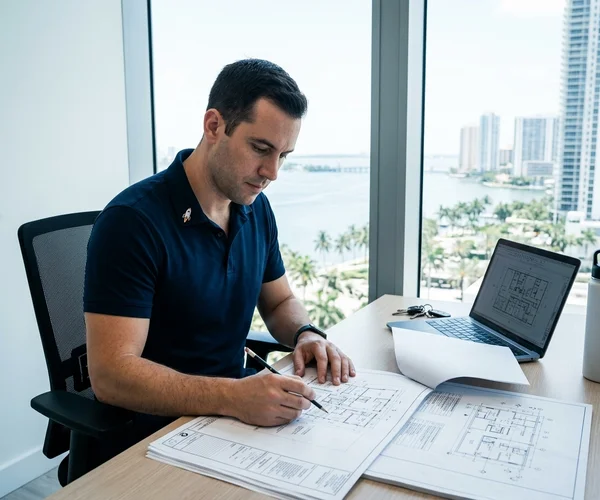 Rocket HVACR technician in uniform servicing a commercial rooftop AC unit at a Doral corporate park, modern glass office buildings and palm trees in the background