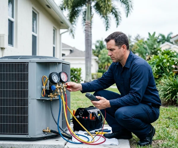 Rocket HVACR technician performing AC maintenance including coil inspection on an outdoor condenser unit at a Key Biscayne oceanfront property