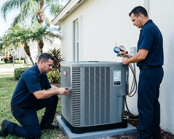 Rocket HVACR service van arriving at a Key Biscayne condominium at night for 24-hour AC repair service