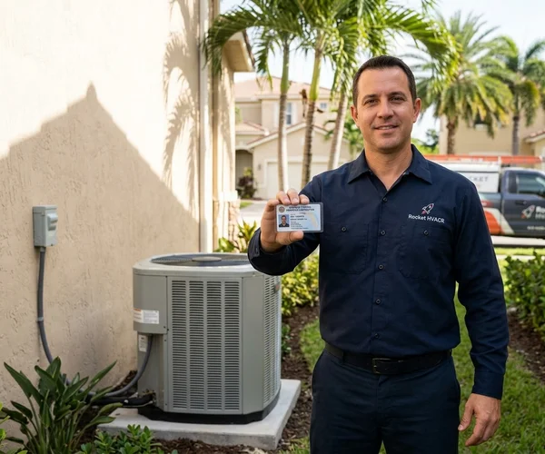 Rocket HVACR technician diagnosing an AC system at a Hialeah residence, checking refrigerant pressure with manifold gauges on a split system condenser