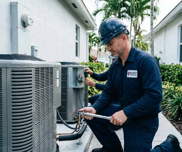 Rocket HVACR technician arriving at a Brickell high-rise building at night for an emergency AC repair call, service vehicle visible, professional uniform, ready to work