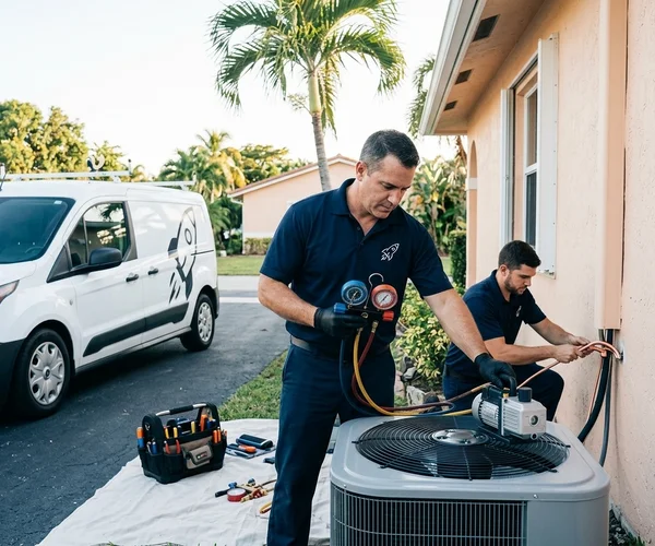 Rocket HVACR technician arriving at a Kendall ranch home at night for an emergency AC failure call, service van in the driveway