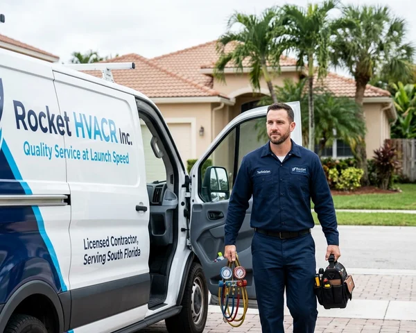 Rocket HVACR licensed technician in branded uniform standing beside a service van with Miami-Dade neighborhood skyline in the background, professional and approachable