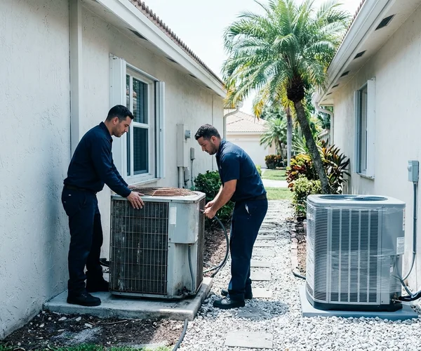 Rocket HVACR technician installing a ductless mini-split indoor air handler unit on a wall in a Hialeah garage conversion, clean professional mounting installation
