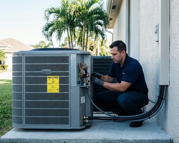 Rocket HVACR technician inspecting an AC unit on a Key Biscayne condo balcony with the clear blue Atlantic Ocean visible in the background