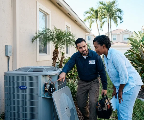 Rocket HVACR technician installing a ductless mini-split unit in a Pinecrest estate home pool house