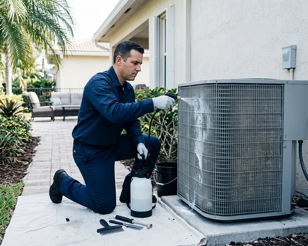 Rocket HVACR technician performing a scheduled maintenance inspection on an AC system at a Miami home, checking refrigerant pressures with gauges