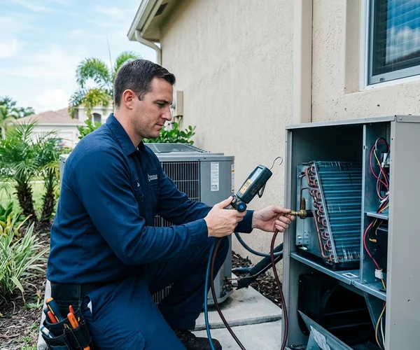 Rocket HVACR service van parked outside a Miami home at night with interior lights on, technician visible through a lit window working on an AC unit