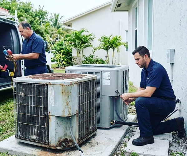 Rocket HVACR technician performing a thorough AC tune-up at an Aventura condo, cleaning evaporator coils and checking refrigerant pressure with professional gauges