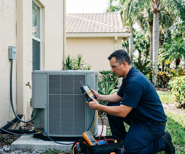 Rocket HVACR commercial HVAC technician servicing a rooftop package unit on a Doral commercial building, Doral business district visible in background, professional maintenance in progress