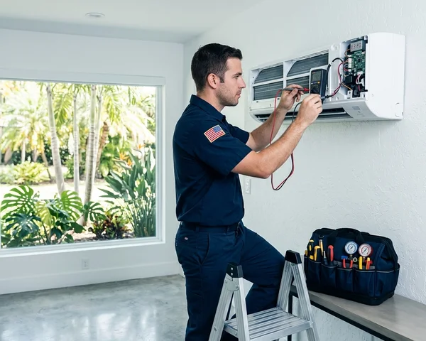 HVAC technician diagnosing a mini-split system in a Coral Gables home