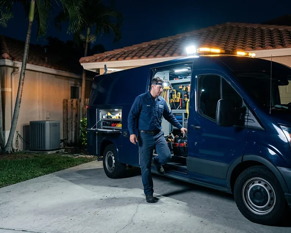 Rocket HVACR technician servicing a residential AC unit in Hialeah with a dense urban residential neighborhood visible in the background