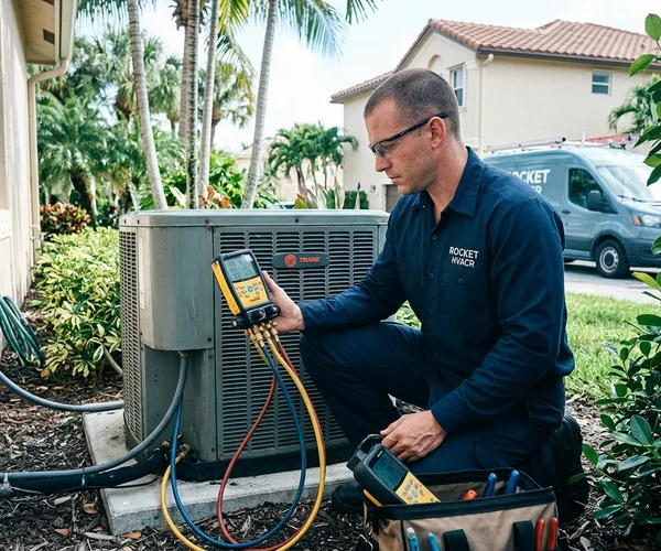 Rocket HVACR technician diagnosing a ductless mini-split outdoor unit at a Key Biscayne oceanfront property