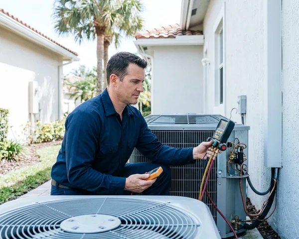 Rocket HVACR technician in uniform using diagnostic gauges to inspect an air conditioning system in an Aventura high-rise condo mechanical room, professional and precise