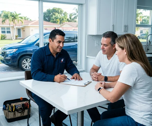 Rocket HVACR technician performing a detailed AC tune-up including coil inspection at a Key Biscayne oceanfront residence