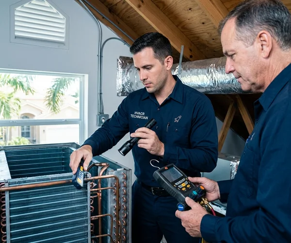 Rocket HVACR technician performing maintenance on an AC condenser unit at a Miami Beach property, applying corrosion protection treatment to the coil fins