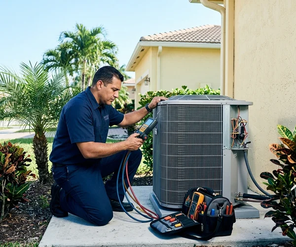 Rocket HVACR technician in uniform beside an AC installation at a Mediterranean Revival style home in Coral Gables with terracotta roof tiles and lush landscaping