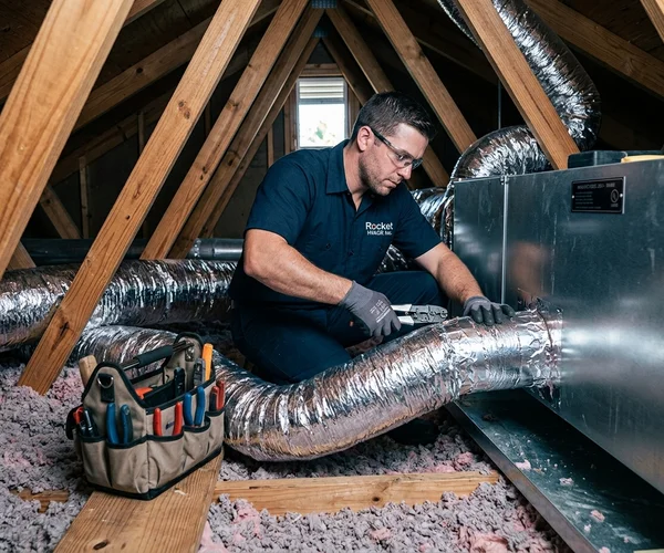 Rocket HVACR licensed HVAC contractor team member in uniform standing professionally in front of an Aventura high-rise building, conveying expertise, trust, and local service