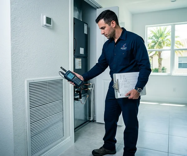 Rocket HVACR technician in uniform inspecting an air conditioning unit on a Miami residential rooftop with city skyline visible in the background